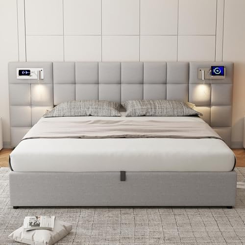 Aoskem Polsterbett Bett 180x200 cm Doppelbett mit Stauraum, Extrabreiter Kopfteil mit Leselicht&USB&KabellosesLaden, Stauraumbett Bettgestell mit Lattenrost, Funktionsbett, Ohne Matratze (Leinen Grau) – Bild 6