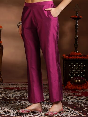 Image of Libas Womens Embroidered Silk Blend Straight Kurta With Trousers and Dupatta | ethnic wear | bridal suit | wedding dress | occasion wear