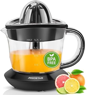Aigostar Exprimidor de Naranjas Electrico 40W, Exprimidor Electrico 700 ml, Doble Sentido de Giro, 2 Conos Desmontables y Cubierta Antipolvo, Apto para Lavavajillas, Thomas