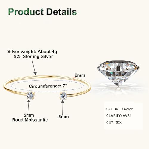 Moissanite Cuff Bracelet for Women, 1.0cttw D Color VVS1 Round Moissanite Bracelet fit 7" Below Wrist, 925 Silver Open Bangle for Wife or Mom Birthday Gifts3