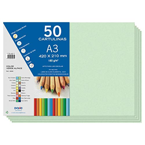 Dohe - Cartulinas A3 Verde Alface para Manualidades e Impresión (50 uds.) - 21x29,7 cm - 180 g/m² - Material de oficina