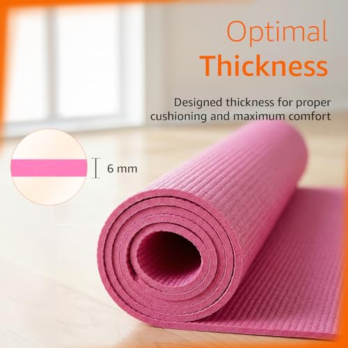 Image of Amazon Basics PVC Yoga & Exercise Mat with Carrying Strap | 6 mm Thick | Non-Slip Textured Surface | Lightweight & Durable | Floor Protection | Ideal for Yoga, Pilates & Workouts | Pink