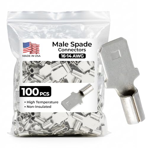 Sherco-Auto 100 Pcs High Temperature Non-Insulated Male Spade Connectors - 16-14 Gauge Quick Disconnect .250 Tab - Wire Splice Connectors for Strong Crimps in Electrical Wire Terminals - Made in USA