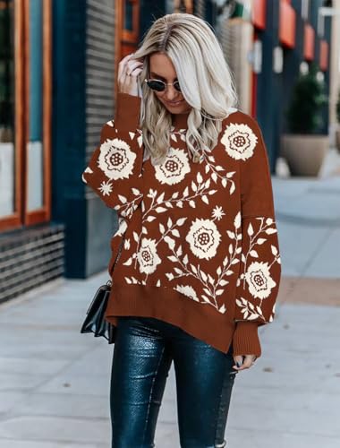 Image of Womens Sweaters Causal Crewneck Batwing Sleeve Knit Top Side Split Oversized Pullover Sweater Loose Jumper