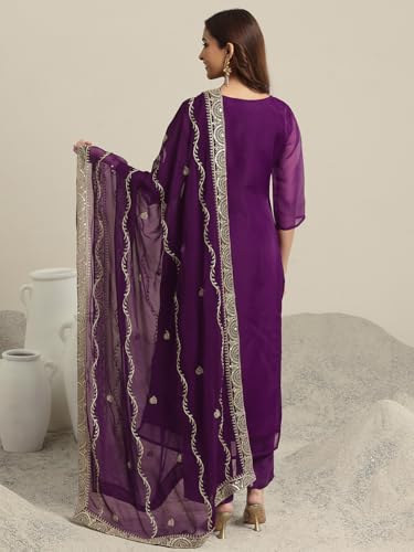 Image of Libas Burgundy Yoke Design Organza Straight Kurta set for Women | daily wear suit