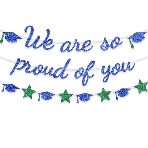 Image of We Are So Proud Of You Banner Graduation Party Decorations Glitter Congratulations Class Grad Ideas Blue Green