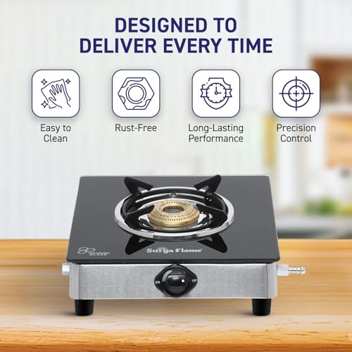 Image of Surya Flame Gas Stove Single Burner LPG GlassTop Chulha with toughened glass Atlas Brass Burner manual ignition Cooktop ISI Certified Doorstep Services 2 Years (1Burner Black)