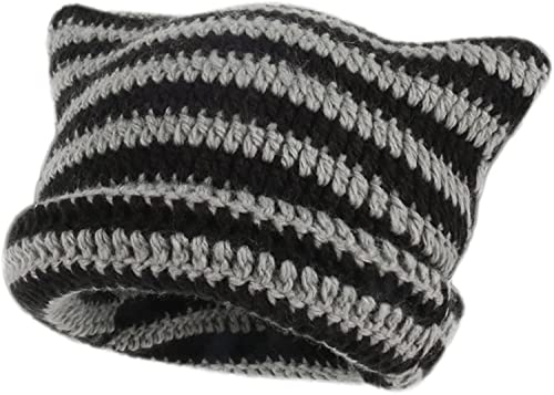 GLIMDA Chapeaux au crochet pour femme, bonnet tricoté en forme de chat vintage, bonnet tricoté avec oreilles de chat pour femme