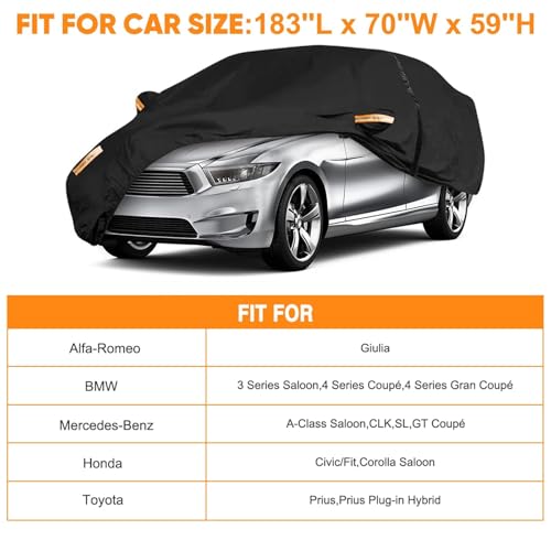 NEVERLAND Sedan Car Cover Waterproof Heavy Duty All Weather Protection Snow Anti-UV Windproof Outdoor Full Car Cover Fit for Automobiles BMW/Mercedes-Benz/Honda(for Car Size:183''L x 70''W x 59''H)