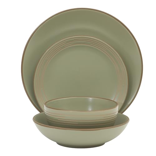 Image of Gibson Home Chiswick House 16-Piece Stoneware Dinnerware Set, Round Plates and Bowls Set for 4, Green with Wax Relief Embossed Rim Detail, Dishwasher Safe - Dinner Plate, Salad Plate & Cereal Bowl