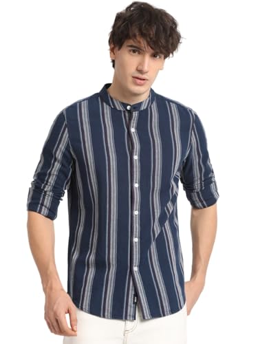 Image of Mena€s Blue Striped with Mandarin Collar Slim Fit Casual Shirt