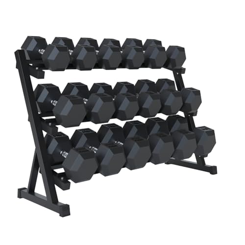Image of Rubber Hex Dumbbell Set with Rack, 8 /10 /12 /15 /20 Pair (450 /550 /780 /1200 /1550 /2100 lbs total) Weight Rack with Dumbbells for Home Gym & Strength Training