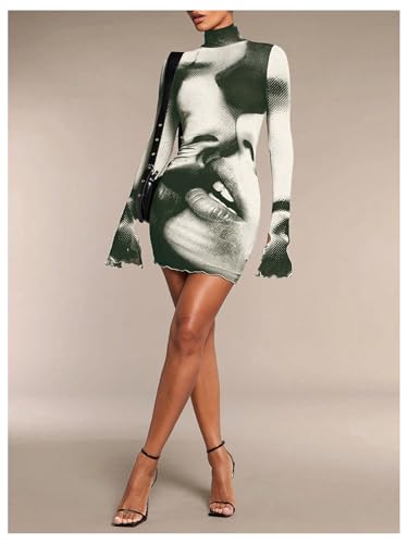 Image of GORGLITTER Women's Mesh Y2K Rave Vegas Going Out Dress Outfits Long Sleeve Club Turtleneck Neck Newspaper Mini Dresses