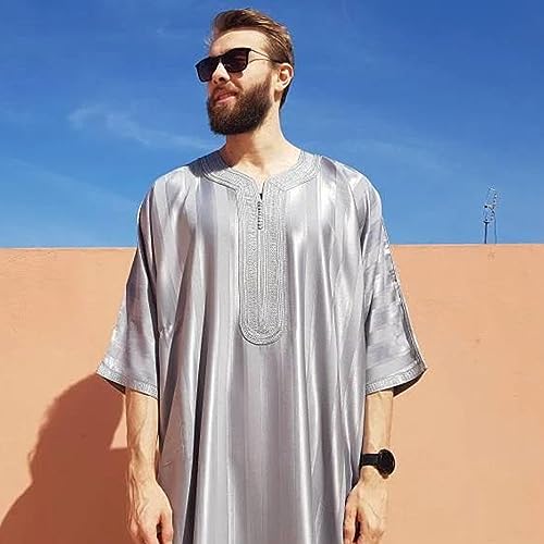 ElzEy Men's Kaftan V-Neck Robe Short Sleeve Arabic Islamic Shirt Embroidery Casual Loungewear Long Thobe Gown2