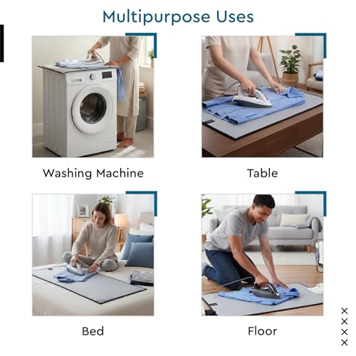 Image of Encasa XO Ironing Mat for Tabletop - Heat Resistant Magnetic Ironing Pad 18 inchx31 inch | Folding Ironing Board Alternative for Washer & Dryer | Portable Quilted Travel Mat (Silver)