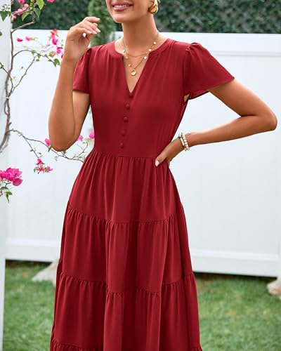 Image of PRETTYGARDEN Women Summer Midi Dresses 2025 Casual Short Sleeve V Neck Belted Tiered Ruffle Vacation Dress with Pockets