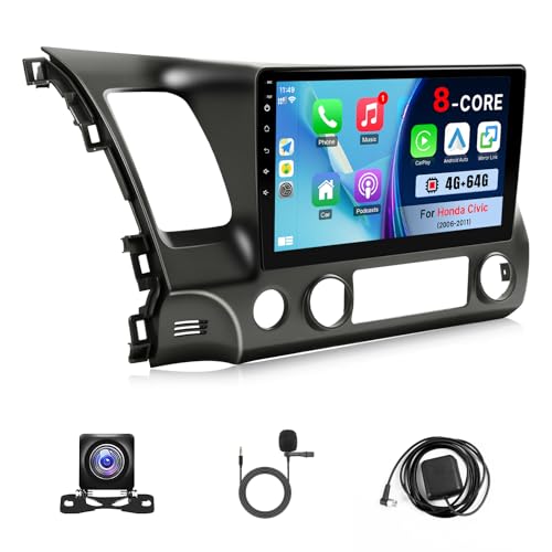 KuTaiTai 8-Core 4+64GB Upgrade Car Radio for Honda Civic 2006 2007 2008 2009 2010 2011 Stereo with Carplay Android Auto, 10.1" Touch Screen for Civic with GPS/WiFi/BT/FM/SWC + MIC + Backup Camera