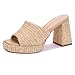 Monrovia Raffia Platform Heels for Women – Chunky Block Open Toe Woven Slides, Natural Straw Summer Dressy Vacation Sandals, Comfortable Heeled Slip On Mules, Brown Size 7
