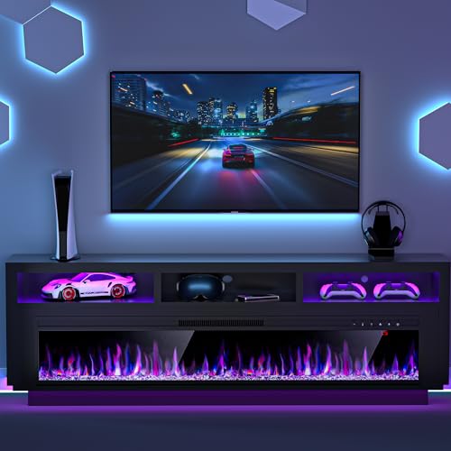 Spurgehom 58\" Fireplace TV Stand for TVs Up to 65\" with 52\" Electric Fireplace, TV Console for The Living Room, LED Light Entertainment Center, Storage Cabinet, Media Console Table, Black - Thumbnail 7