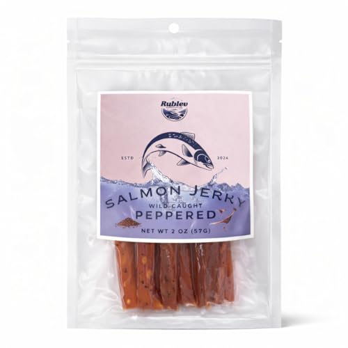 Rublev Salmon Jerky Peppered – Wild Caught Dried Fish Jerky For Humans, High Protein Snack with Omega 3, Gluten free snacks, Low Carb, On-the-Go Snack, 2 oz (57 g), Made in USA