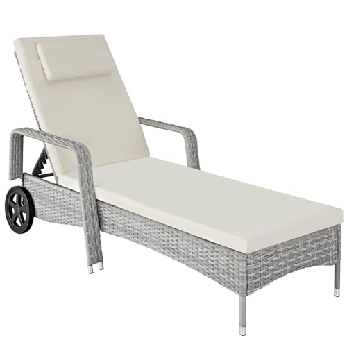 TecTake 801041 Tumbona de ratán y Aluminio para jardín, Asiento de ratán sintético para terraza con Ruedas y Respaldo Ajustable, Mobiliario de Exterior para Piscina (Gris Claro)