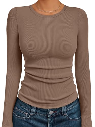 AUTOMET Women's Long Sleeve Shirts Ribbed Slim Fit Crewneck Tops Basic Layering Tees Undershirts Fall Winter Clothes Khaki M