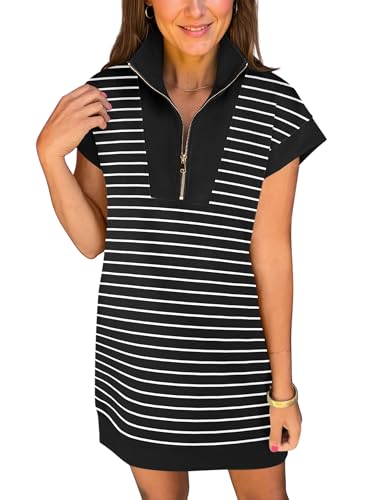 Image of ANRABESS Womens Summer Casual Half Zip Cap Sleeve Trendy Wrinkle-Free Tshirt Dress 2026 Spring Beach Vacation Short Dresses
