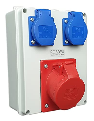 RoadEu - Distribuidor de Corriente - 2x Enchufes Schuko 230V - CEE 16A. Caja cuadro electrico totalmente cableado. Ideal como distribuidor de pared para talleres, cobertizos o jardines