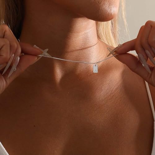 Initial Necklaces for Women Silver Plated Letter Necklace Dainty Silver Name Necklace Personalized Initial Tag Pendant Necklaces for Women Trendy Silver Jewelry - Thumbnail 2