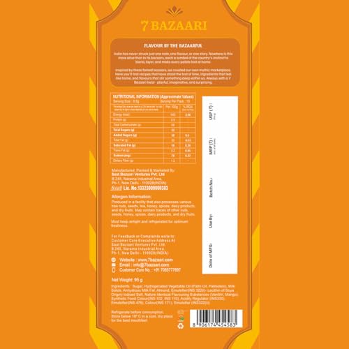 Image of 7 BAZAARI Bombay Mango Vanilla Butterscotch Chocolate, Indian Fusion, Mango White Chocolate Shell, Creamy Vanilla Filling, Butterscotch Crunch, 95 Grams