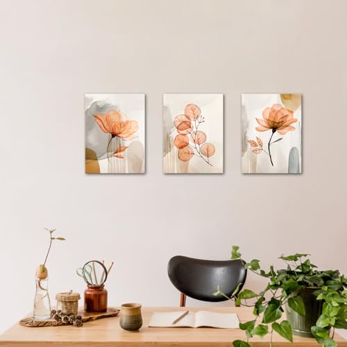 Image of NutArtPic Flower Canvas Wall Art Orange Floral Pictures Minimalist Neutral Wildflower Painting Prints for Home Decor 12''x16''x3pcs