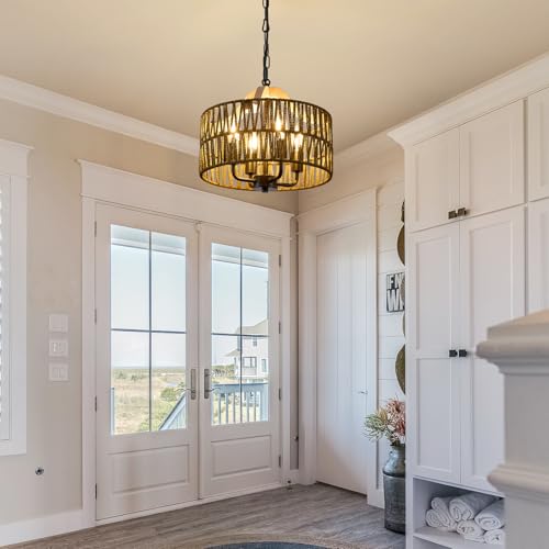 ZSDHXi Antique Dining Room Light Fixture, 4-Light Rattan Pendant Light with Drum Shade, Adjustable Woven Wicker Ceiling Hanging Light, Farmhouse Boho Chandelier for Living Room Kitchen Island by ZSDHXi - Used condition - Image 8