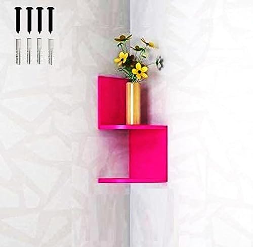Image of Wall Mount Corner Shelves with Two Tiers for Wall Decoration and Storage Organiser Rack for Living Room, Bedroom, and Office Decor - Made of Wood (Pink)