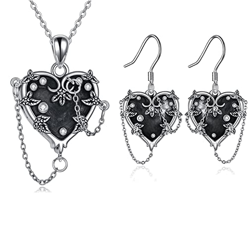 Witches Heart Locket Necklace For Women 925 Sterling Silver Gothic Jewelry Goth Earrings Halloween Christmas Gifts For Women Black Heart Earrings Alt Earrings #TOP17