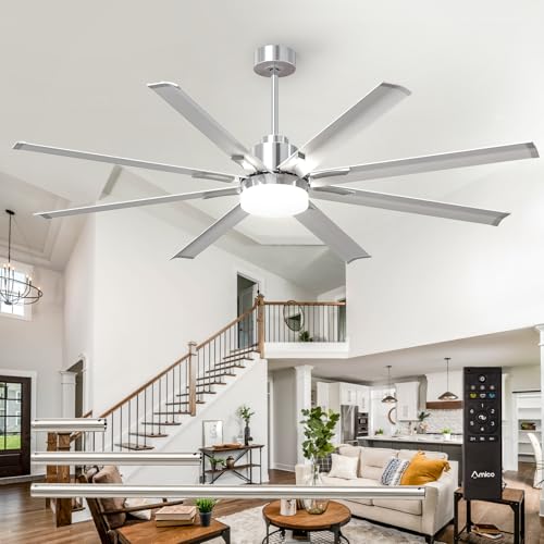 Amico 84 Inch Ceiling Fan with Light, 8 Aluminum Reversible Blades, Industrial Large Ceiling Fan with Quiet DC Motor, 6-Speed Remote Control, Indoor/Outdoor Ceiling Fans for Porch/Garage/Shop, Nickel