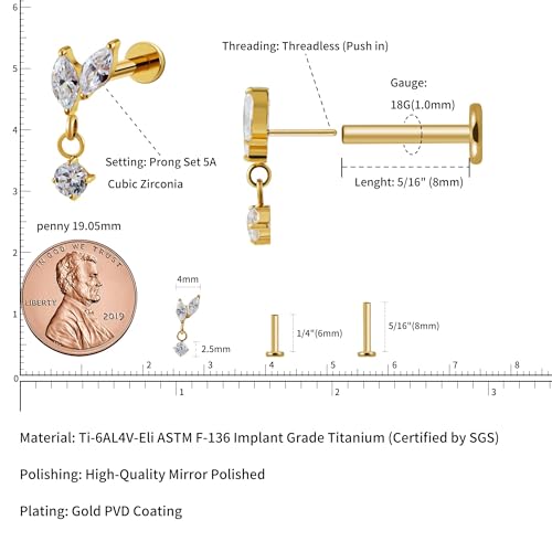 FINE4U 1PC ASTM F136 Titanium Mini Threadless Flat Back Stud 18G 6mm 8mm for Conch Helix Flat Tragus Labret2