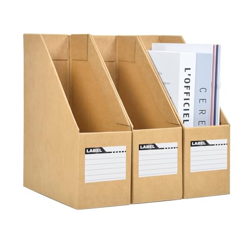Elezeal 3-Pack Magazine File Holder, Kraft Paper Cardboard Magazine Desktop Organizer with Labels for Document, Book, and Magazine, A4 File Folder Foldable Storage Box for Office, Home, and School Use