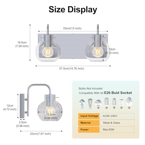 Image of 2-Light Bathroom Vanity Light, Modern Brushed Nickel Wall Sconce with Clear Glass Shade, Vintage Style Mirror Lighting for Bathroom, Bedroom, Living Room,14 Inch