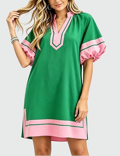 Image of Esmeling Women's Color Block Pullover Dress V-Neck Puff Sleeve Dress Mini Shirt Dress with Pockets