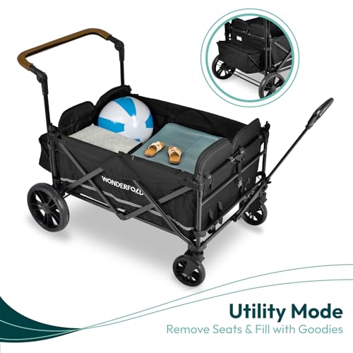 WONDERFOLD X4 Push & Pull Stroller Wagon (4 Seater) - Wagon Stroller with Seats with 5-Point Harnesses, Adjustable Push Handle, and Sun Canopy, Stealth Black