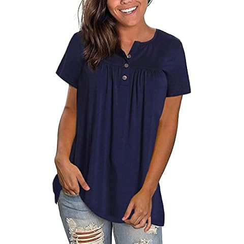 Xpenyo Women Short Sleeve Shirts Henley Tops Casual Blouse V Neck T-Shirt Button Up Tunic Tops Blue 2XL Cover