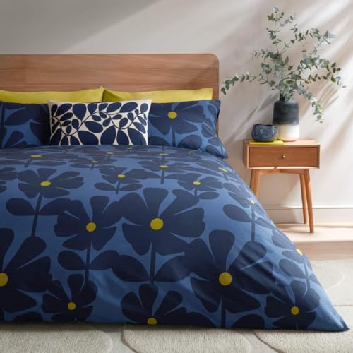 Orla Kiely Bedding - Wildflower Indigo 100% Cotton Duvet Cover Set 200 Thread Count (King Size Duvet Cover Set: 230cm x 220cm)