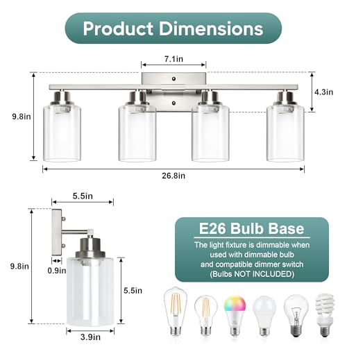 Image of Ascher Bathroom Light Fixtures, 4-Light Vanity Light Over Mirror, Brushed Nickel Wall Sconces with Clear Glass Shades, Wall Lamp for Living Room Bedroom, E26 Base(Bulbs Not Included)