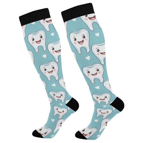 MGDDB Calcetines de compresión con diseño de esqueleto de dibujos animados con flores, antitranspiración, largos, Dibujos animados lindos dientes cuidado de la salud dental verde, Taille unique