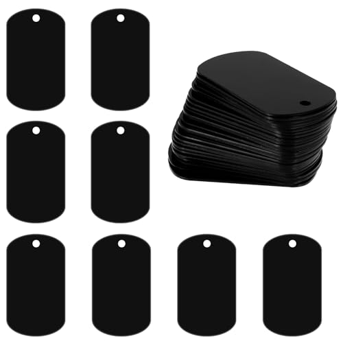 COMNICO 25 Stück Aluminiumgravur Rohlinge, Stanzrohlinge Aluminium Blank Dog Tags Schildform Mit Loch Metallprägungen Schwarz Metall-Tags zum Gravieren Blanko-Hundemarken Blanko-Schilder zum Gravieren