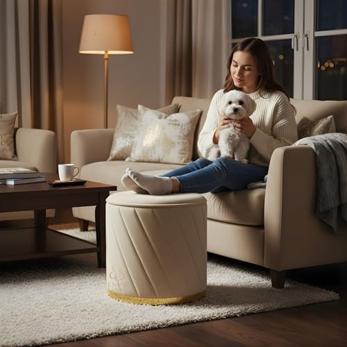 Image of Premium Velvet Ottoman Stool | Modern Round Pouffe with Gold Base | Multipurpose Seating | Living Room & Bedroom Decor (Cream Set of 2)