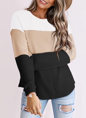 Dokotoo Womens Tops Casual Long Sleeve Waffle Knit Oversized Shirts Crewneck Color Block Pullover Sweatshirts3