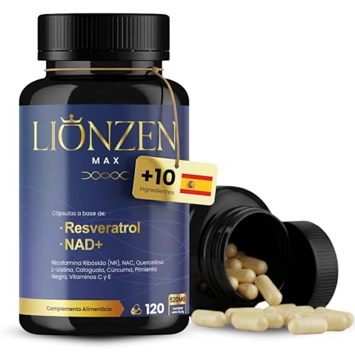 NAD+ Trans Resveratrol puro +10 ingredientes Antienvejecimiento | 1000mg | Energía Celular, Longevidad, Vitalidad | Nicotinamide Riboside, Quercetina, NAC, Cúrcuma, Pimienta Negra | Lionzen Max