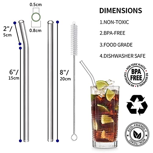 8 Pcs Reusable Glass Straws, 8"x8mm Eco-friendly Drinking Straws for Smoothies, Milkshakes, Tea, Juice, Cocktails - Multi-Color Mixed (8Pcs Bent) - 3