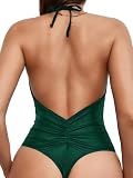 Sexybody Women' s One Piece Sexy Thong Swimsuits Halter Tie Back V Neck Low Back Bathing Suit Ruched Butt High Cut Swimsuit